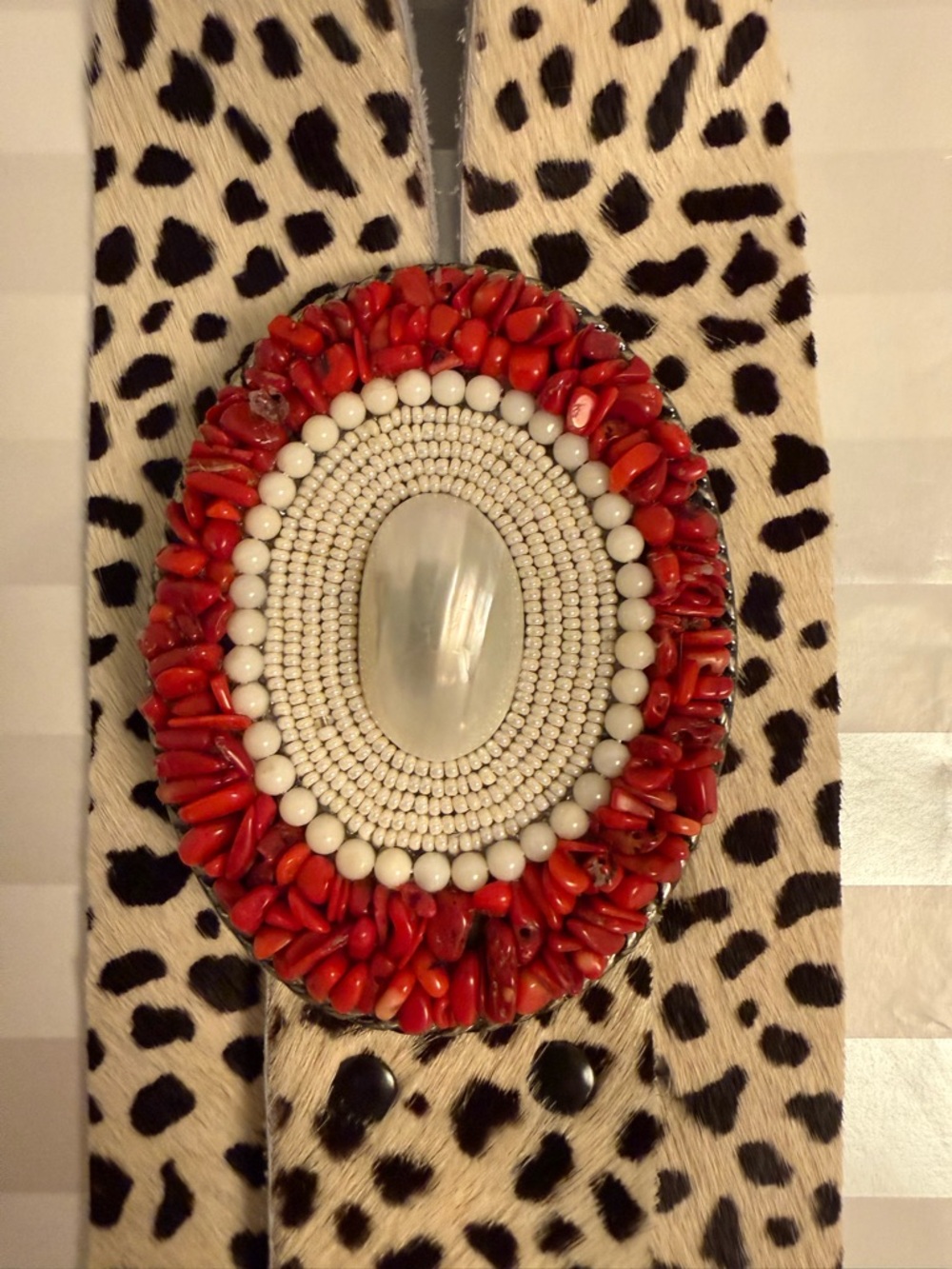 Platteppus Leopard Belt w/Hand Beaded Mother of Pearl & Bamboo Coral Buckle
